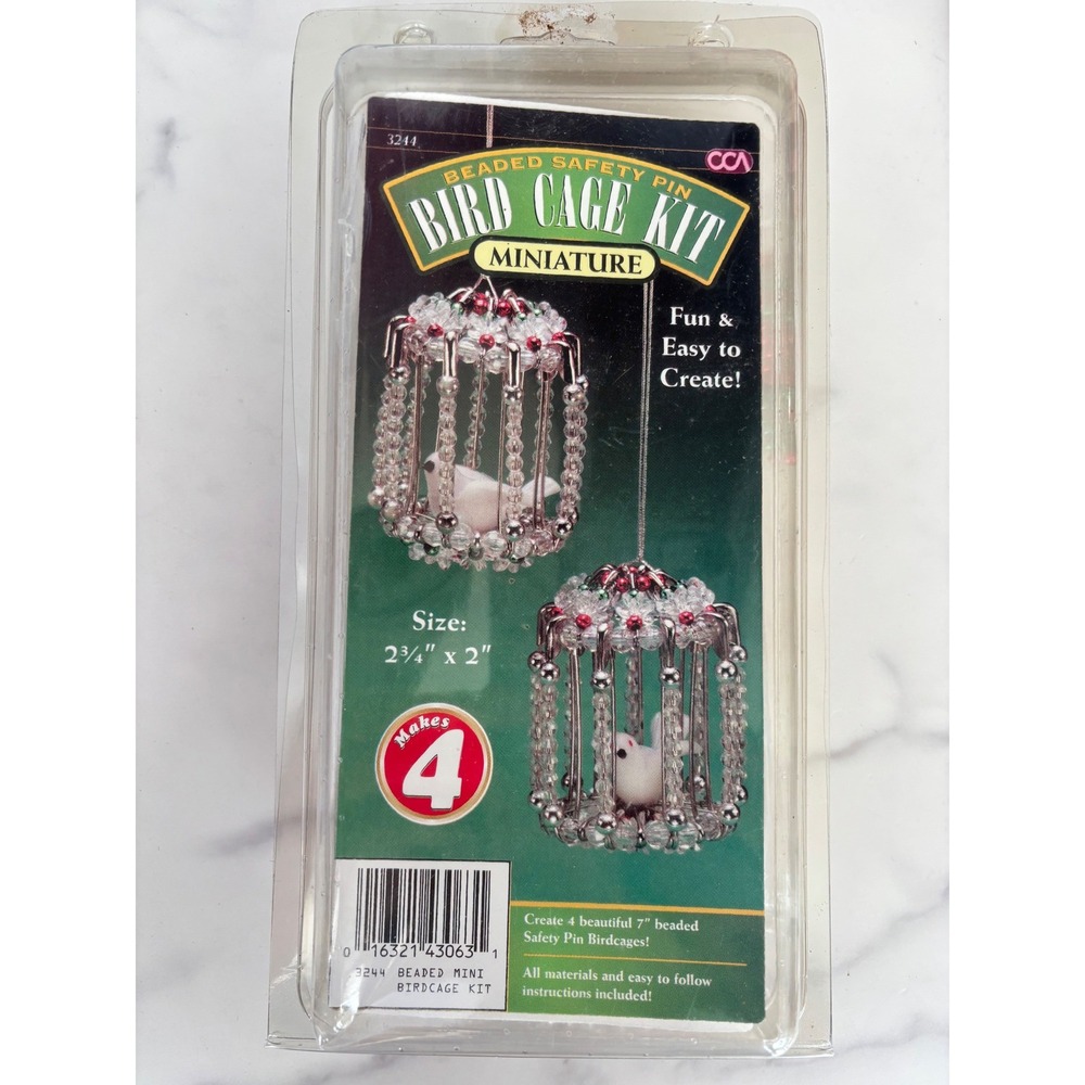CCA Beaded Safety Pin Bird Cage Kit Miniature Makes 4 Ornaments 3244 Vintage